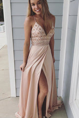 Spaghetti Straps Beaded Blush Pink Prom Dress with Slit
