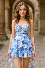 Spaghetti Straps Blue Chiffon Flower A-line Printed Homecoming Dress