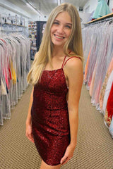 Spaghetti Straps Burgundy Sequin Short Party Dress