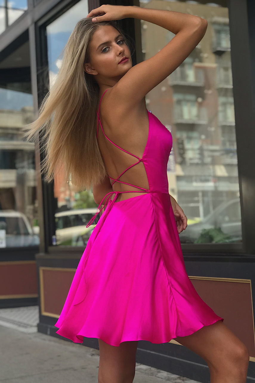 Spaghetti Straps Criss Cross Fuchsia Homecoming Dress