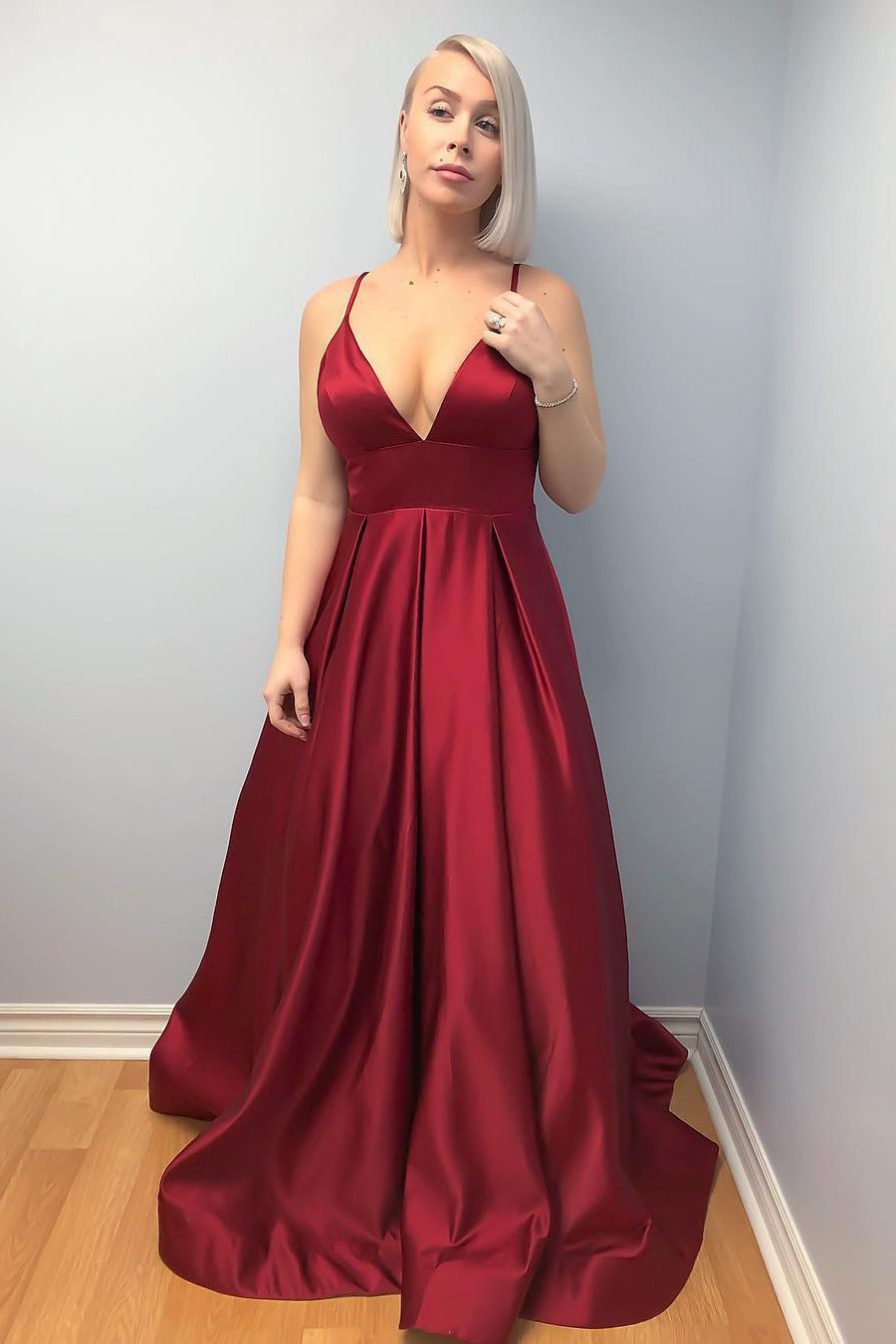 Spaghetti Straps Empire Burgundy Prom Dress