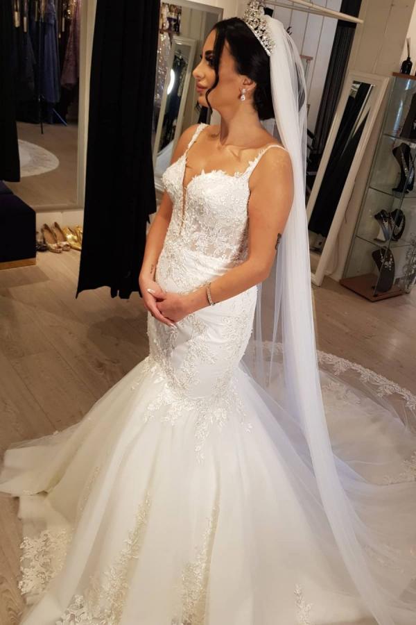 Spaghetti Straps Long Mermaid Wedding Dress With Lace Appliques Tulle