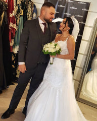 Spaghetti Straps Long Mermaid Wedding Dress With Lace Appliques Tulle