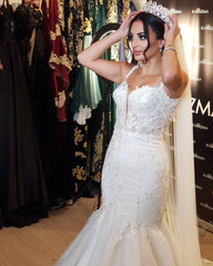 Spaghetti Straps Long Mermaid Wedding Dress With Lace Appliques Tulle