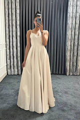 Spaghetti-Straps Sleeveless Long Evening Dress V-Neck On Sale with Beads