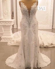 Spaghetti-Straps Sweetheart A-line Backless Wedding Dress With Appliques Lace