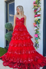 Spaghetti Straps White Layered A-Line Prom Dress with Sequin