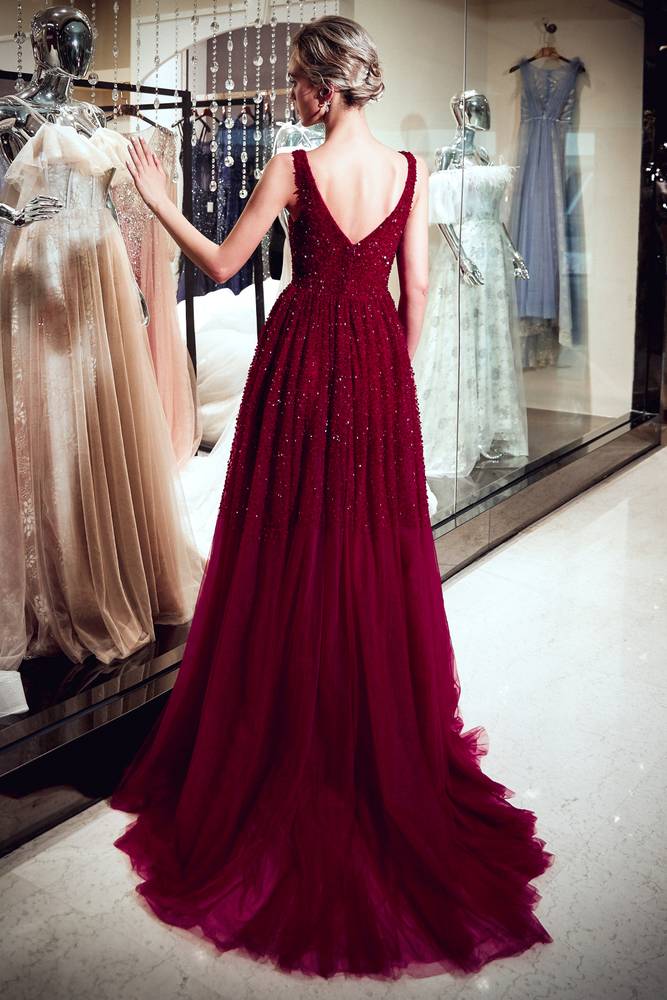 Sparkling V-Neck Sequined Burgundy Sweep Prom Dress