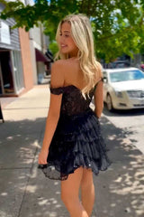 Sparkly Off the Shoulder Black Corset Ruffle Short Homecoming Dress