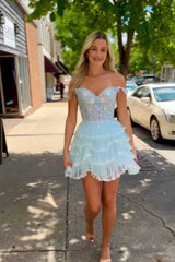 Sparkly Off the Shoulder Black Corset Ruffle Short Homecoming Dress