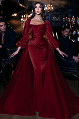 Square Neck Long Sleeve Mermaid Long Prom Dress with Ruffles