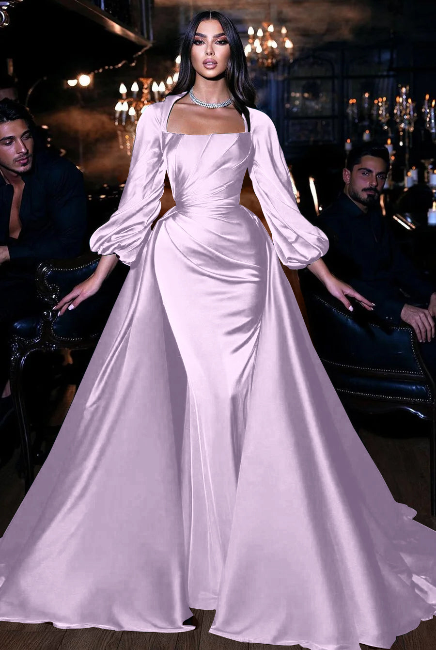 Square Neck Long Sleeve Mermaid Long Prom Dress with Ruffles