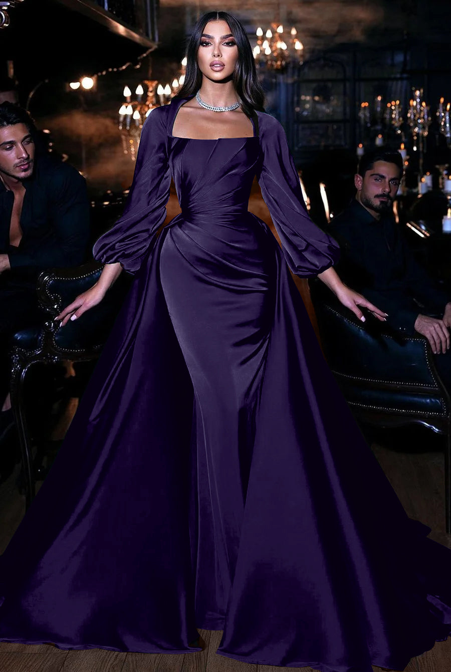 Square Neck Long Sleeve Mermaid Long Prom Dress with Ruffles