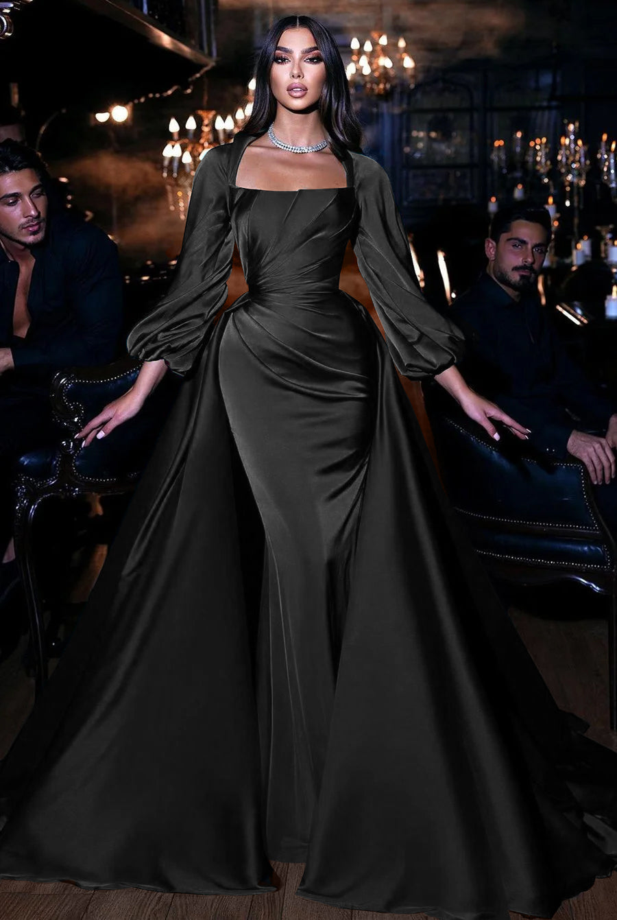 Square Neck Long Sleeve Mermaid Long Prom Dress with Ruffles
