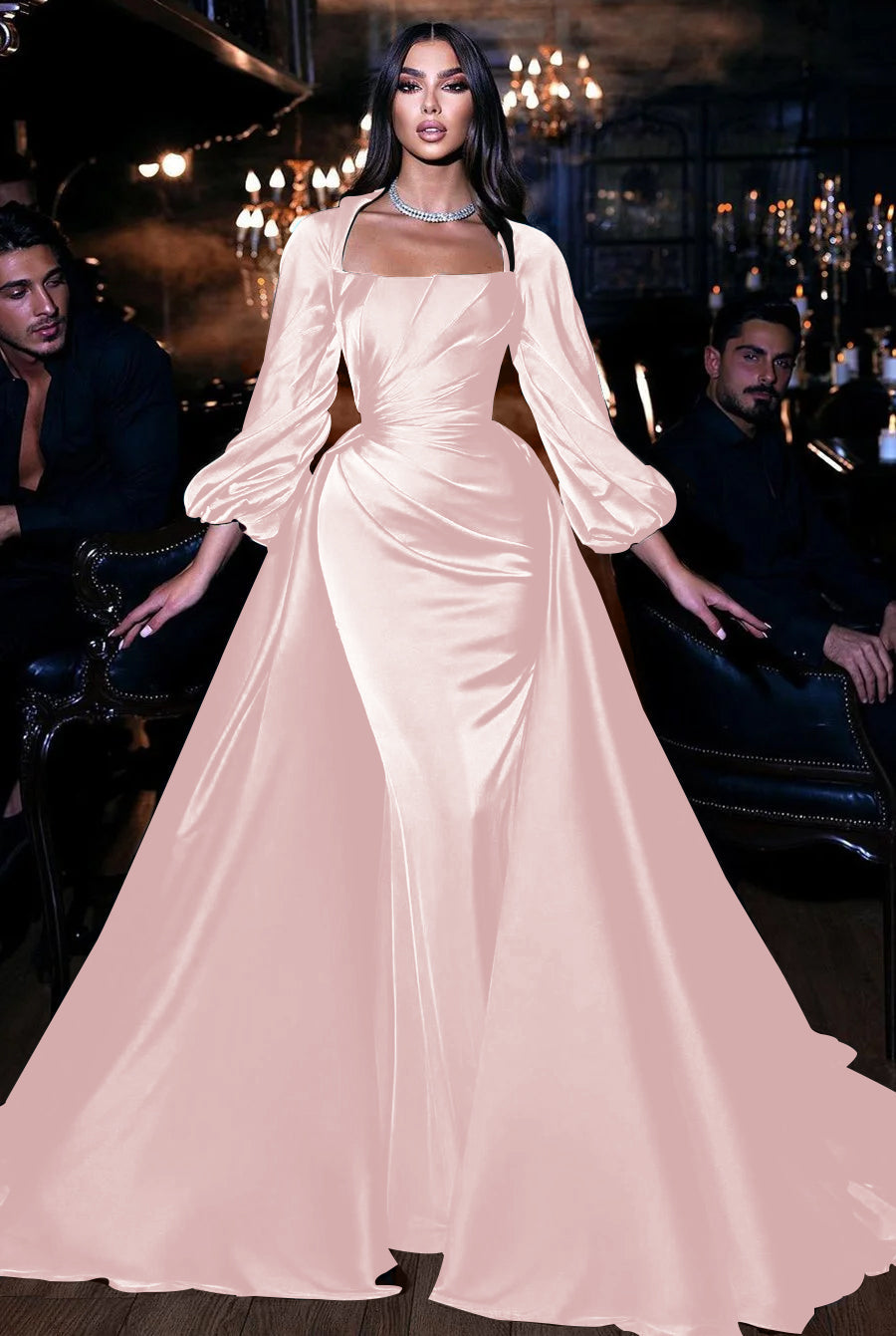 Square Neck Long Sleeve Mermaid Long Prom Dress with Ruffles