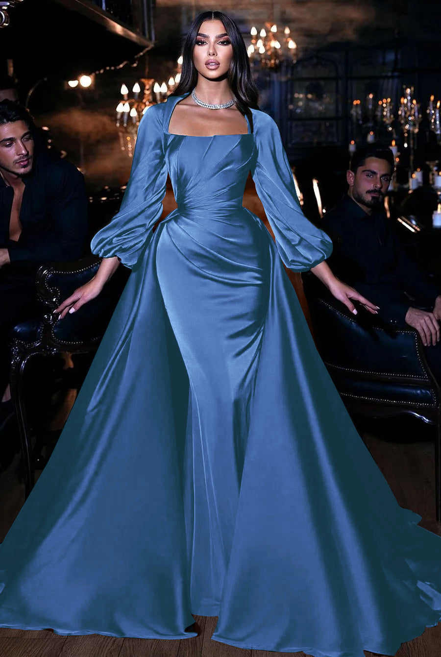 Square Neck Long Sleeve Mermaid Long Prom Dress with Ruffles