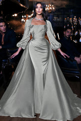 Square Neck Long Sleeve Mermaid Long Prom Dress with Ruffles