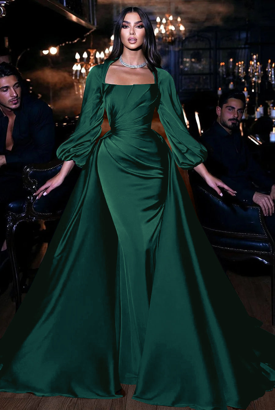 Square Neck Long Sleeve Mermaid Long Prom Dress with Ruffles