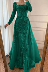 Square Neck Long Sleeve Mermaid Long Prom Dress with Beading and Tulle