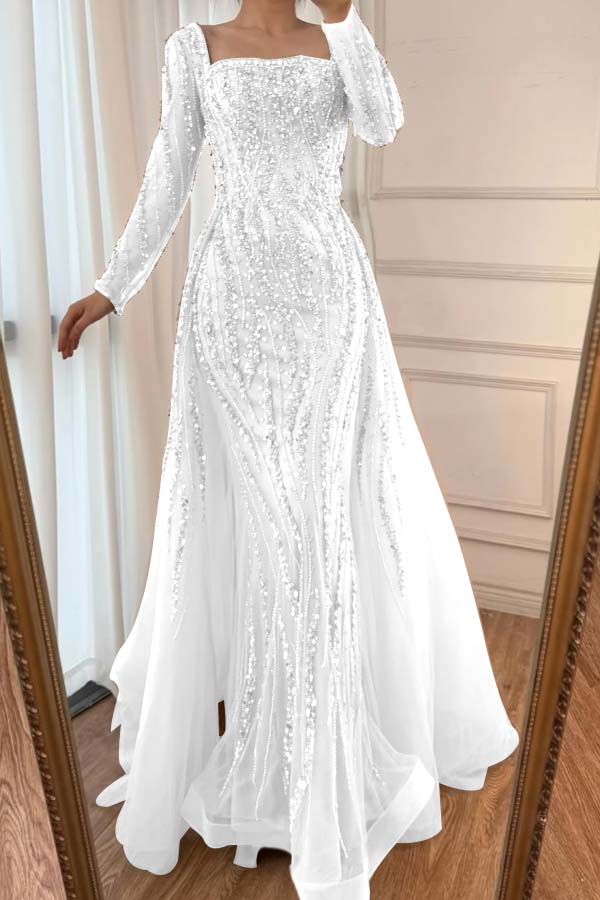 Square Neck Long Sleeve Mermaid Long Prom Dress with Beading and Tulle