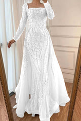 Square Neck Long Sleeve Mermaid Long Prom Dress with Beading and Tulle