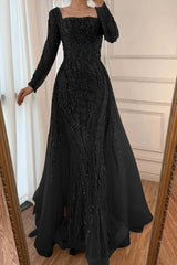 Square Neck Long Sleeve Mermaid Long Prom Dress with Beading and Tulle