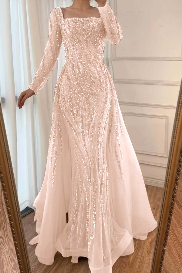 Square Neck Long Sleeve Mermaid Long Prom Dress with Beading and Tulle