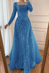 Square Neck Long Sleeve Mermaid Long Prom Dress with Beading and Tulle