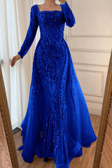 Square Neck Long Sleeve Mermaid Long Prom Dress with Beading and Tulle