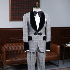 Steward Gray Plaid Knitted Button Wedding Suit for Bridegrooms