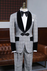 Steward Gray Plaid Knitted Button Wedding Suit for Bridegrooms