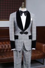 Steward Gray Plaid Knitted Button Wedding Suit for Bridegrooms