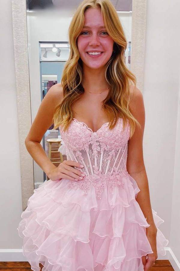 Strapless Applique A-Line Ruffle Homecoming Dress