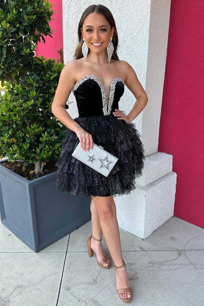 Strapless Black Velvet Beaded Short Tiered Homecoming Dress