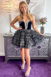 Strapless Black Velvet Beaded Short Tiered Homecoming Dress