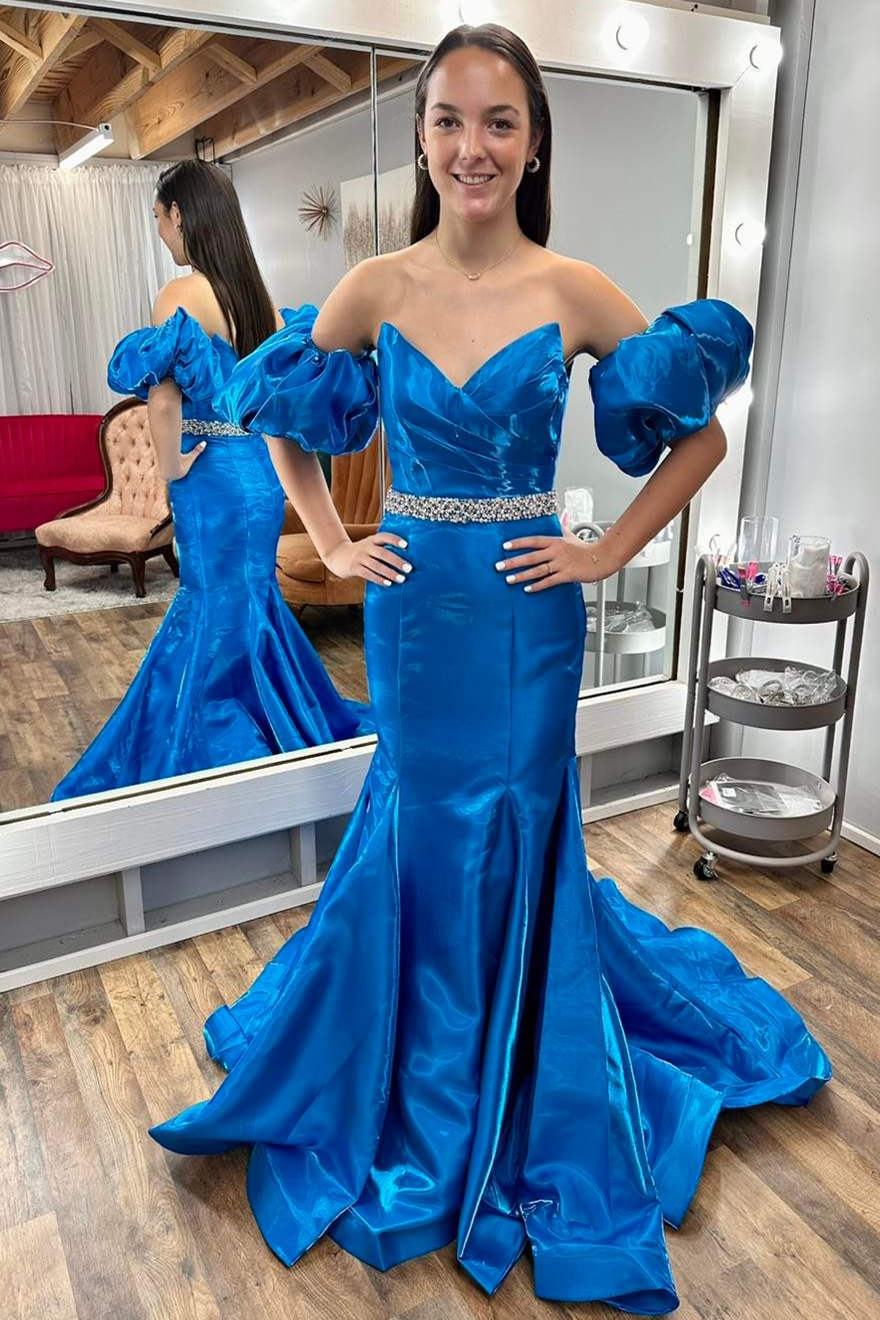 Strapless Blue Balloon Sleeves Mermaid Prom Dress with Jeweled Belt