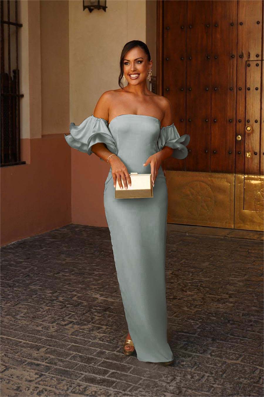Strapless Bubble Sleeve Mermaid Long Prom Dress with Pleated