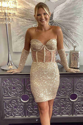 Strapless Champagne Corset Sequin Homecoming Dress with Gloves