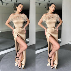 Strapless Feather Mermaid Prom Dress with Slit