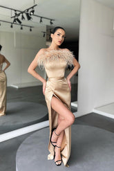 Strapless Feather Mermaid Prom Dress with Slit