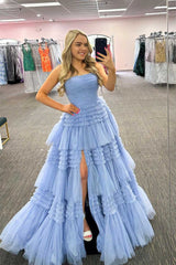 Strapless Fuchsia Pleated Tiered Tulle Prom Dress with Slit