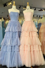 Strapless Fuchsia Pleated Tiered Tulle Prom Dress with Slit