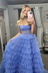 Strapless Gold Layered Tulle Long Formal Dress with Sequins