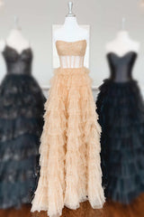 Strapless Gold Layered Tulle Long Formal Dress with Sequins