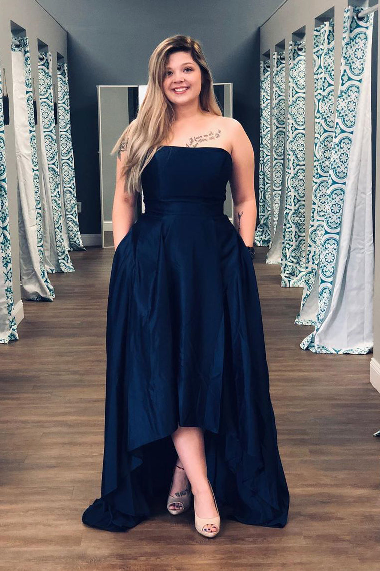 Strapless High Low Dark Navy Long Prom Dress