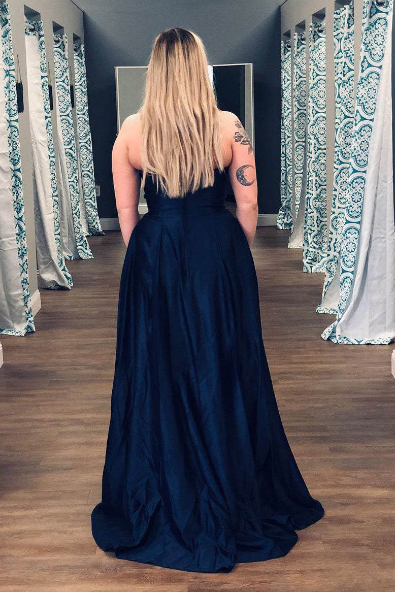 Strapless High Low Dark Navy Long Prom Dress