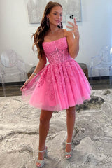 Strapless Hot Pink A-Line Short Party Dress with Appliques