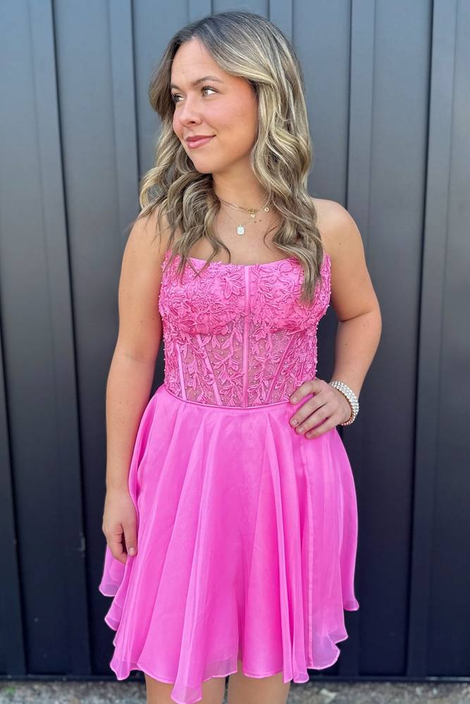 Strapless Hot Pink Applique Homecoming Dress