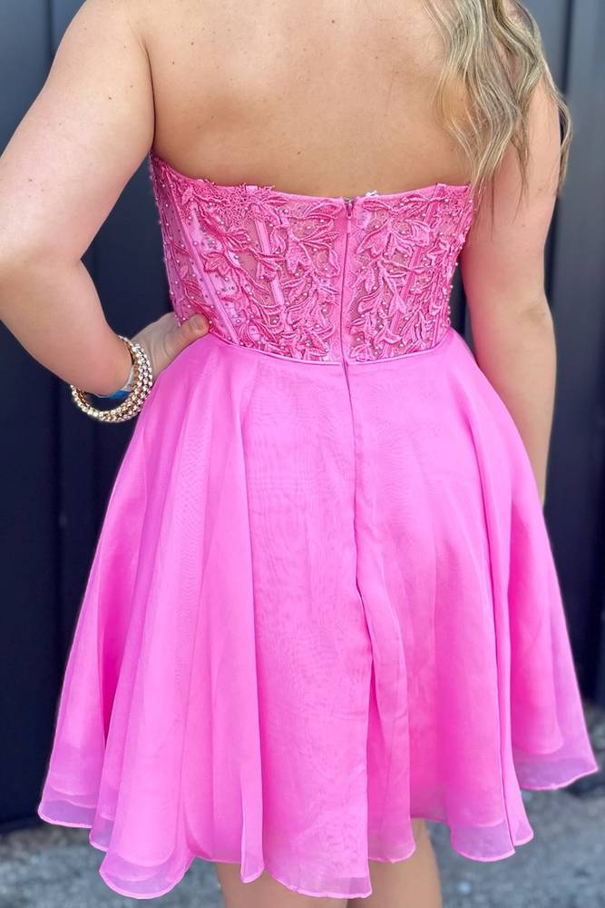 Strapless Hot Pink Applique Homecoming Dress