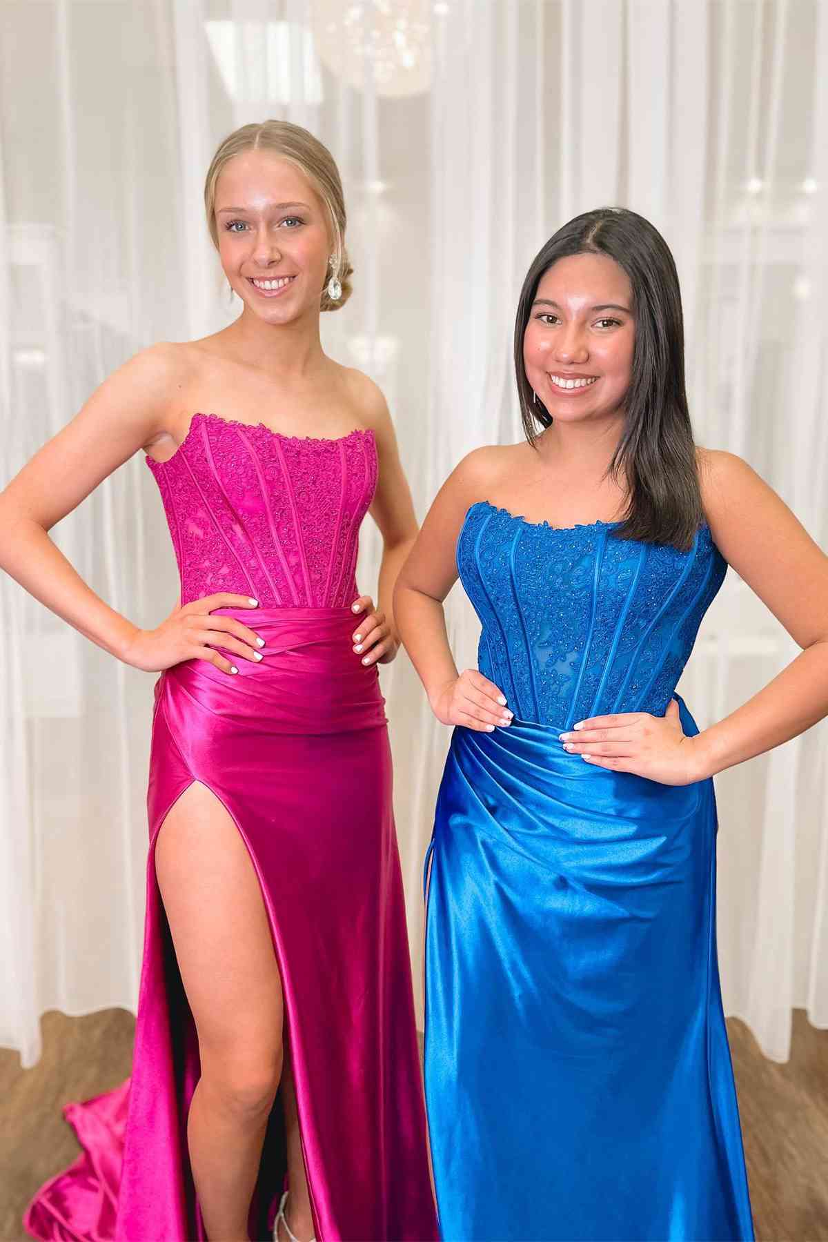 Strapless Ivory Slit Mermaid Prom Dress with Sheer Lace Top